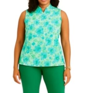 Green Floral Mock Neck Sleeveless Blue 90s Vibes Chinese Top 16W